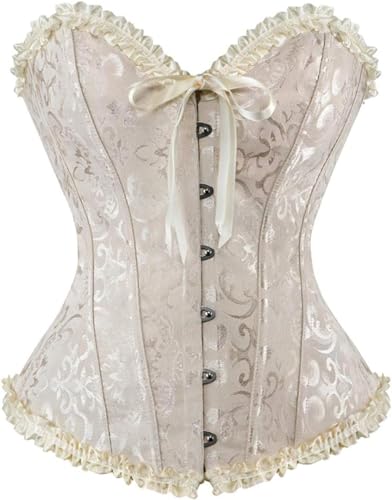 KSHUN Women's Corsets Lace Up Boned Overbust Corset Bustier Lingerie Satin Floral Bustier Bodyshaper Top S-7XL, Beige, Medium