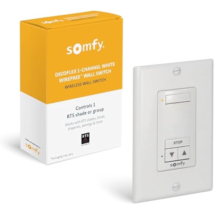somfy DecoFlex Wirefree RTS Wall Switch - 1 Channel - Pure White Tone - Control RTS Shades, Blinds, Curtains - Battery Pre-Installed, Button Labels, Mount Included - #1810897