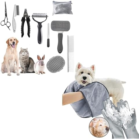 9 PCS Dog Brush for Shedding and 2 PCS Dog Washing Gloves - Quick Drying Dog Towel for All Small Large Dogs Cats Grey Cover