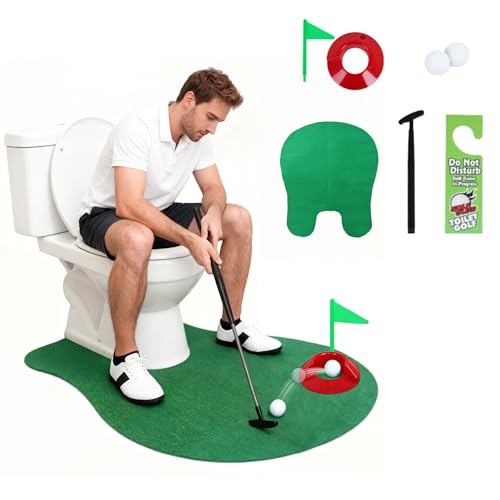 Elevon Toilet Golf Game Set – Mini Bathroom Putting Green Kit with Putter, Balls & Flag, Funny Golf Gifts for Men, Dad, Husband, White Elephant Gag Gifts for Adults