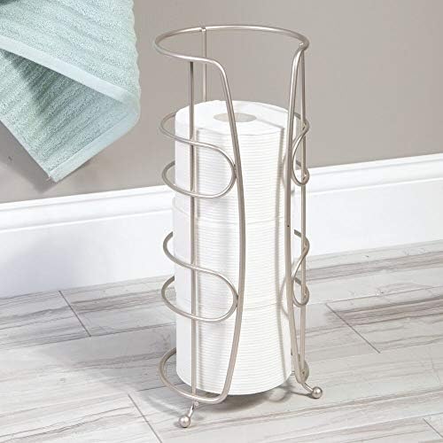mDesign Metal Upright Tall Toilet Paper Holder Stand and Dispenser, Bath Storage and Organization for 4 Spare Rolls of Toilet Tissue - for Bathrooms/Powder Rooms - Holds Mega Rolls - Satin