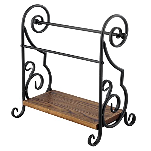 Mygift Black Metal Countertop Paper Towel Holder With Rustic Solid Burnt Wood Storage Shelf And Scrollwork Design, Easy Refill Single Roll Holder #TOP4
