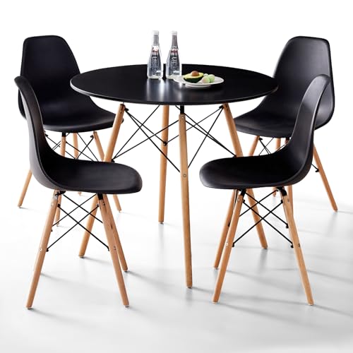 Lecafur HL 5-Piece Round Dining Table Set, Small 31.5' Kitchen Table Chairs Set of 4 Space Saving Furniture, Plastic Seats, Solid Wood Legs, for Living Room Apartment Office Home, Black