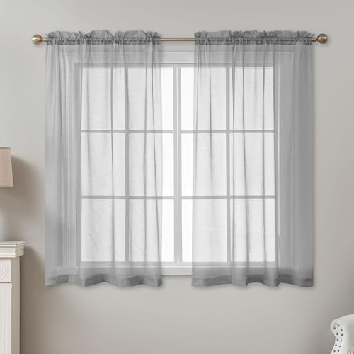 Image of Grey Sheer Curtains 54 Inch Length, Privacy Semi Sheer Curtains for Dining Room Kitchen, Light Filtering Rod Pocket Voile Window Drapes 2 Panels Set, Each 42 inch W x 54 inch L