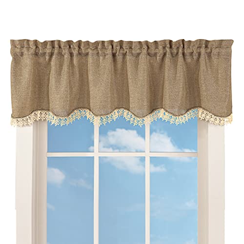 Collections Etc Charming Rustic Burlap Brown and Cream Lace Window Valance with Rod Pocket for Easy Hanging, Brown