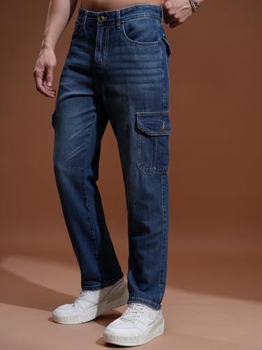 Image of Highlander Men's Relaxed-Fit Cargo Pocket Jeans | Clean Look | Cotton Comfort | Utility Style| Jeans for Man