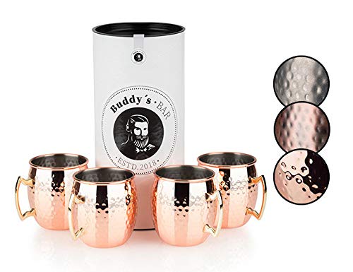 Buddy's Bar - Taza Moscow Mule, Set de 4, 4 x 550ml, Tazas de Acero Revestimiento de Cobre, Apta para Alimentos, Efecto Martillo, Tazas para cócteles con Caja de Regalo Cover