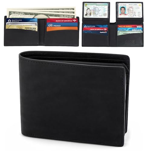 Image of ROGUE WALLET Mens Leather RFID Blocking Wallet for Men - Genuine Top Grain Cow Leather Bifold, 12 Credit Card Slots, 2 ID Windows, Traditional Hip Pocket Billfold - Secure RFID Protection (Black)