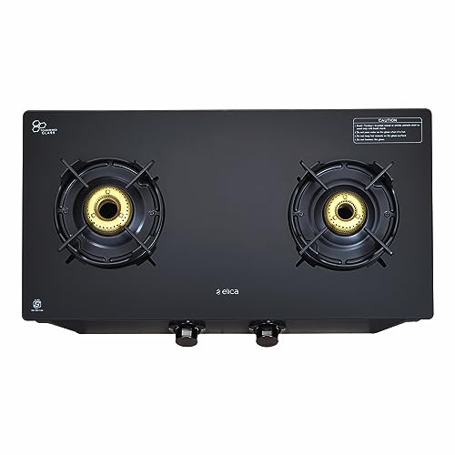Elica Crest 2 Burner Gas Stove with Crown Design Pan Support and Forged Brass Burners (CREST 266 NERO), Black