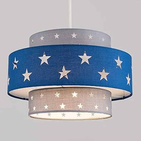 CGC Grey Navy Blue Light Pink Cream Two Tier Stars Childrens Lampshade Shades Projects Star Pattern Easy Fit Pendants Lamp Shade Kids Bedroom Playroom Toy Room Child Space (Grey with Blue Band) Cover