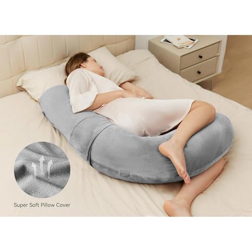 Image of J-Shaped Sleeping Pregnancy Pillow| Removable Velvet Covers| PregnoCare Fibres| Baby Shower Gift, Maternity, Nursing| Full Body Soft-Support Bump, Head, Back, Shoulder, Hips, Legs and Belly (Grey)