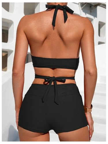 SweatyRocks Women's Criss Cross Halter Bikini Set High Waisted Bathing Suit with Boyshorts2