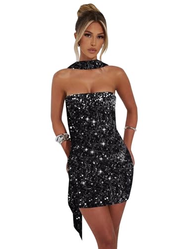 Strapless Sequin Homecoming Dresses for Teens Short Cocktail Party Dress with Scarf
