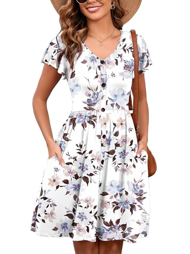 Image of Heymoments Women Summer Dress Peony Medium Ruffle Sleeve V Neck Casual Cute Loose Sundress Comfy Swing Button Down Midi Work Flowy Tunic Ladies Beach Vacation Teacher Dresses with Pockets