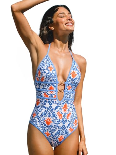 CUPSHE Women's One Piece Swimsuit Halter Plunging Neck Cutout Bathing Suit M