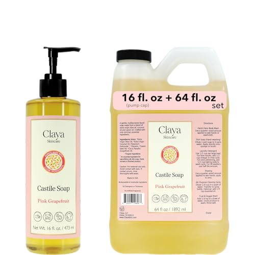 Image of Claya Pink Grapefruit Liquid Castile Soap - Organic Ingredients, Biodegradable, Citrusy Fresh Scent, Gentle for Skin and Multi-Purpose Use (16 fl oz (Pump Cap) and 64 fl oz)