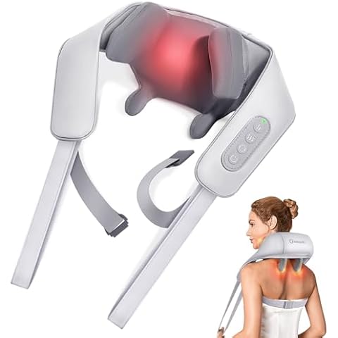 KNQZE Neck Massager for Neck Pain Relief, 5D Deep Kneading Massagers with 6 Massage Nodes, Cordless Shiatsu Neck and Shoulder Massage Pillow with Heat for Neck, Trapezius, Back & Leg, Gifts - Gray Cover