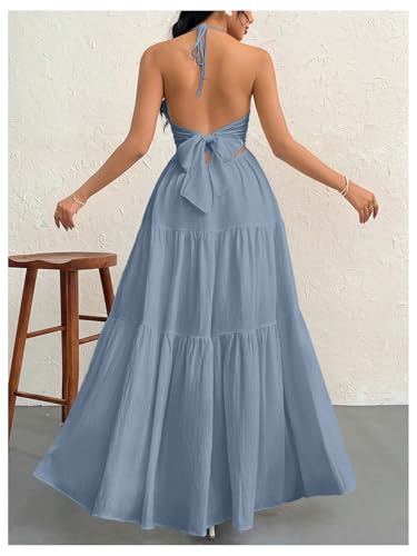 Image of SHENHE Women's Deep V Neck Tie Knot Backless Halter Dress A Line Flowy Ruffle Maxi Dress