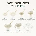 Chef Power Ceramic Cookware Sets, 15Pcs Pots and Pans Set Non Stick, Cookware Set with Stainless Steel Handle, Dishware & Oven Safe, Cream White and Light Gold Handle
