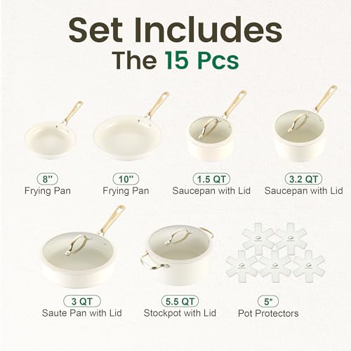 Chef Power Ceramic Cookware Sets, 15Pcs Pots and Pans Set Non Stick, Cookware Set with Stainless Steel Handle, Dishware & Oven Safe, Cream White and Light Gold Handle - Image 2