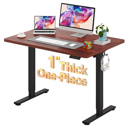Image of SANODESK Electric Standing Desk 48 x 30 Inches Whole-Piece Desktop Height Adjustable Stand Up Desk w /6-Button Controller Ergonomic Computer Desk for Home Office, Black Frame + Mahogany Tabletop