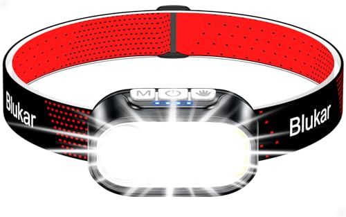 Blukar Stirnlampe LED Wiederaufladbar, Superhell Kopflampe Stirnlampe Dimmbar mit Rotlicht & Sensor, 2 Farbtemperatur und 12 Lichtmodi, Stirnleuchte mit Memory-Funktion & Batterieanzeigelampe