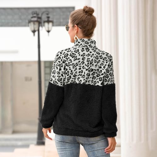 Women's Casual Leopard Print 1/4 Zipper Collar Pullover Sweatshirt Double Fleece Warm Jacket Pullover Tops3