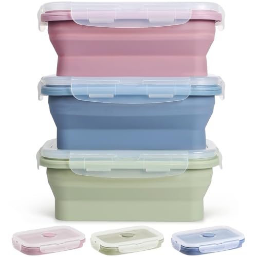 Hooolee® Juego de 3 Fiambrera de Silicona, Plegable Recipientes Herméticos para Alimentos Reutilizable Fiambrera para Microondas, Frigorífico y Congelador 550ml