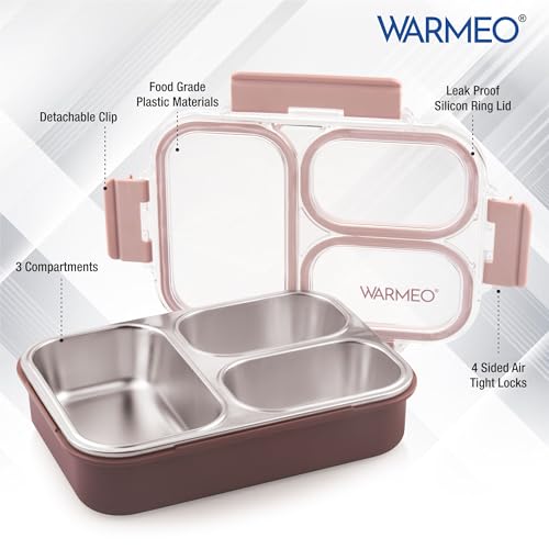 Image of WARMEO BENTO Microwave-Safe Stainless Steel Lunchbox with 3 compartments,bpa Free,Perfect for Office, School, Travelling, 750ml-brown