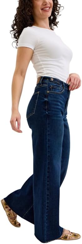 Judy Blue High Waist Dark Wash Retro Wide Leg Jeans – Adjustable Waist Tabs & Raw Hem, Petite 29” Inseam