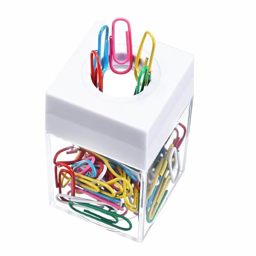 BE-TOOL Distributeur de trombones magnétiques blancs en plastique transparent pour bureau, espace de travail, fournitures scolaires et de bureau