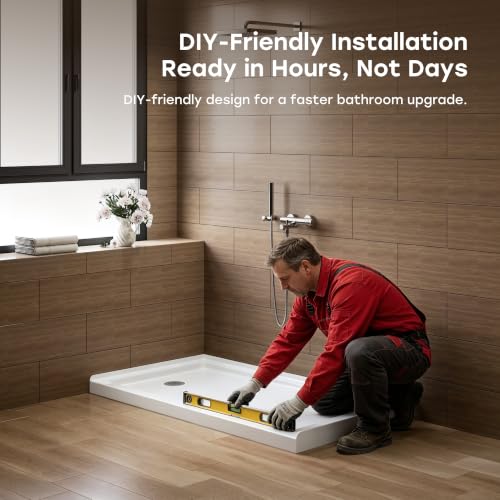 Image of HOROW 60 inch x 32 inch Shower Base, Left Drain Shower Pan, Low Profile Acrylic Base with Reinforced Fiberglass, Non-Slip Surface, Stainless Steel Drain Cover, Leak-Resistant for Bathroom
