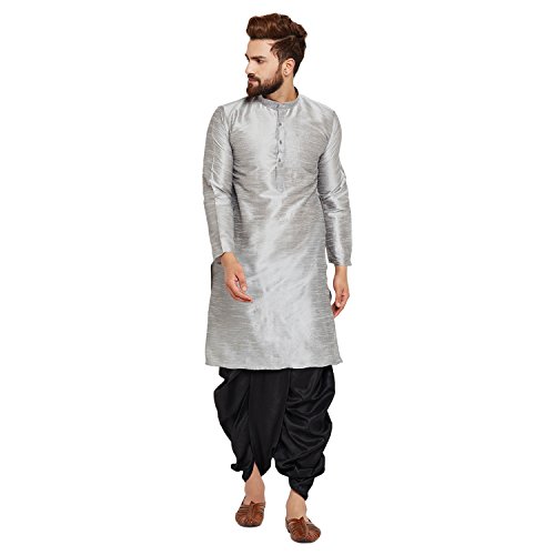 Image of SOJANYA (Since 1958 Men's Off-White and Gold Dupion Silk Dhoti Kurta Set