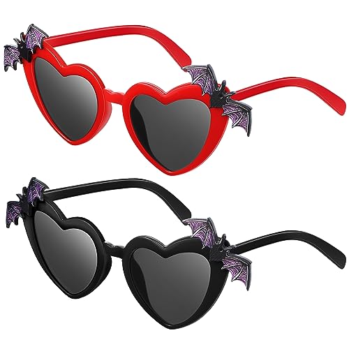 2 Pairs Halloween Heart Shaped Bat Sunglasses Funny Goth Glasses Trendy Vintage Gothic Sunglasses for Women Men Party Accessories Gift, 2 Colors