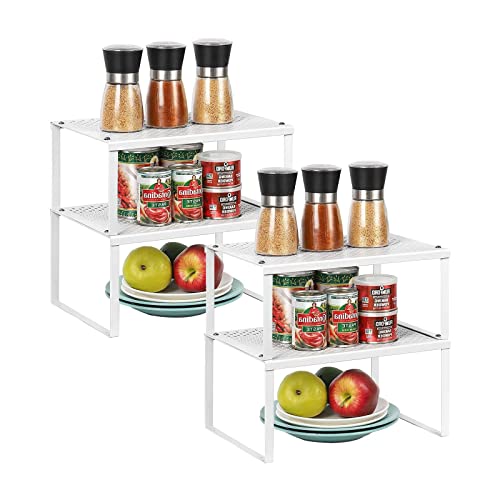 LIANTRAL Kitchen Cupboard Organiser Set of 4, Counter Shelf, Expandable & Stackable Counter Top Organizer Shelf for Kitchen, Bathroom, Laundry Room (White)