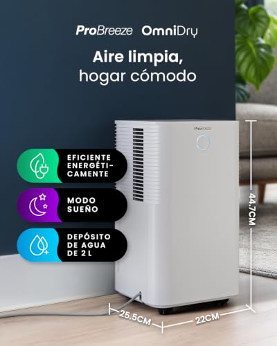 Miniatura 2 de Pro Breeze Omnidry Deshumidificador 12 L, Bajo Consumo, Silencioso, 3 Modos, Higrostato, Led, Temporizador 24 H, Tubo Drenaje, Secado Ropa, Elimina Humedad, Moho Y Alergias