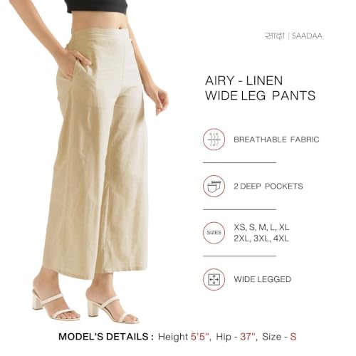 Image of SAADAA Women's Relaxed Fit Mid Rise Airy Linen Wide Leg Pants, High Waist Trousers for Formal, Casual & Office Wear