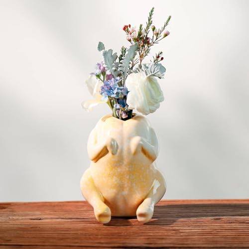 Quirky Yellow Ceramic Raw Chicken Vase - Funny Uncooked Turkey Planter Whimsical Dopamine Decor for Home & Office Hilarious White Elephant Gag Gift Unique Conversation Starter