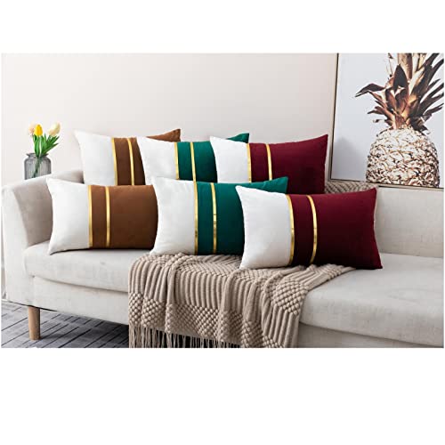 Zlina Set Of 2 Velvet Decorative Lumbar Pillow Covers Dark Green White Patchwork With Gold Leather Pillow Covers 12 × 20 Inch Cushion Covers Decor Living Room Sofa Bedroom Car thumb #5
