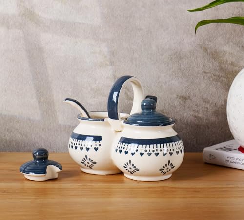 Image of Niyara Multipurpose Storage Ceramic Pickle set Jars & with Lid & tray (Set of 2, 300 ML) (Grey flower design)