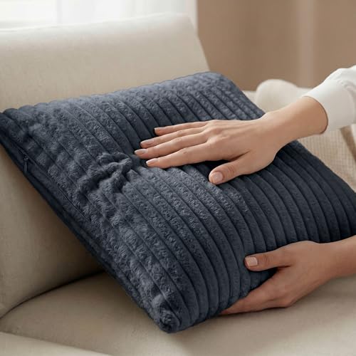 Image of Yellow Weaves Pencil-Stripe Fur Cushion Covers | Soft Polyester | Decorative Sofa & Throw Pillow Covers | 16x16 Inches, Pack of 3 (Bluish Grey)