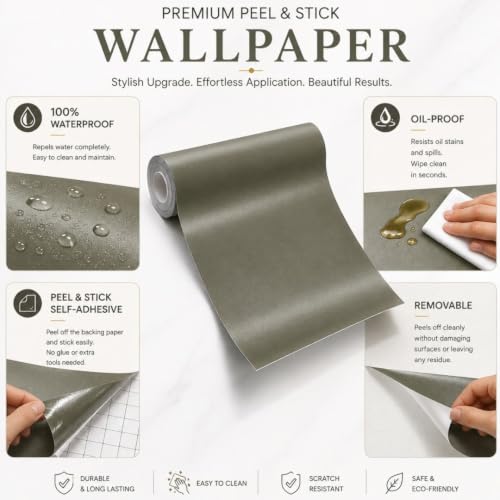 Image of HOME13 Militry Green Wallpaper Peel and Stick Green Contact Paper Self-Adhesive Wall Paper Removable Waterproof Wallpaper Bedroom Shelf Liner Countertop Cabinet Wardrobe (20x60 Inch)