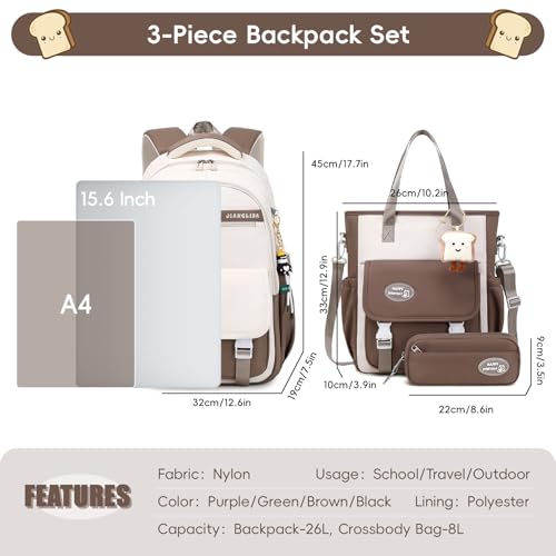 Tanou Schulrucksack Mädchen Rucksack für Teenager, Schultaschen-Set mit Studenten Umhängetasche und Federmäppchen, Kinder Schulranzen Casual Daypack School Bag for Girls, Braun