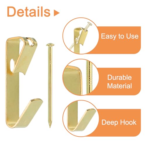 Image of uxcell 20Pcs Photo Frames Hanger Hooks, 100 Lb Frame Hooks with Nails Metal Wall Mount Album Picture Hanging Clips for Hanging, Clocks on The Wall, Gold