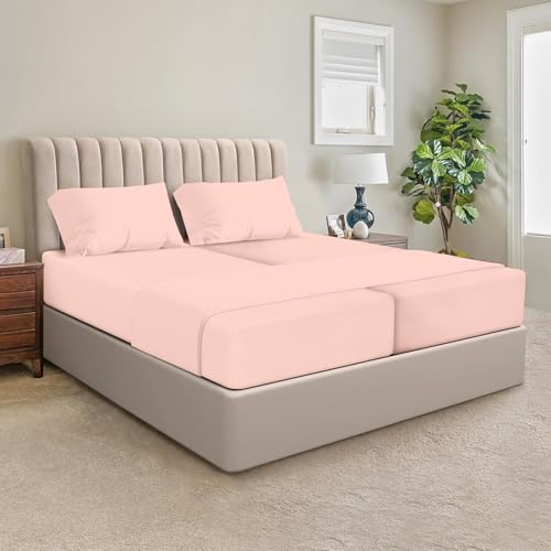 Image of SGI Split King Sheet Set for Adjustable Bed Egyptian Premium Cotton 600 Thread Count Sheets for Sleep Number Bed 15 inch Deep Pocket 5 Pc Set with 2 Twin XL Fitted Sheets Soft Breathable -Peach