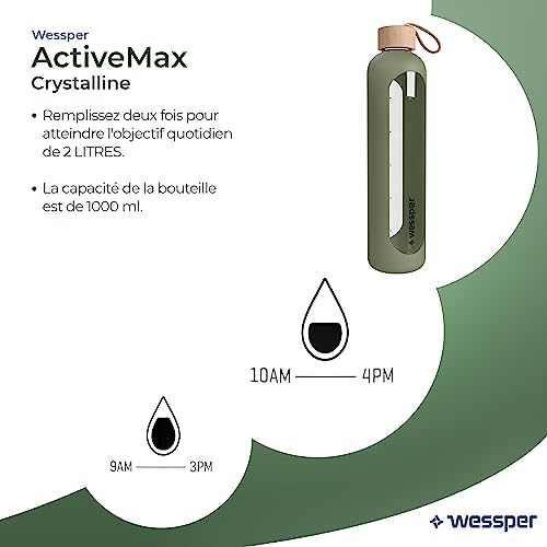 Wessper Bouteille d’eau de Motivation en Verre avec Temps Horaire 1L, une Gourde en Verre Hermétique avec Couvercle en Bambou 1 Litre Réutilisable avec Housse en Silicone, Olive