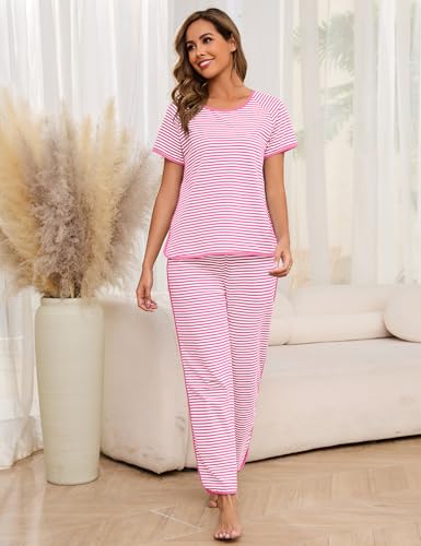 Image of Womens Pajama Sets Cotton 2 Piece Lounge Set Stripe Short Sleeve Pj Set Comfy Loungewear Sleepwear with Pockets
