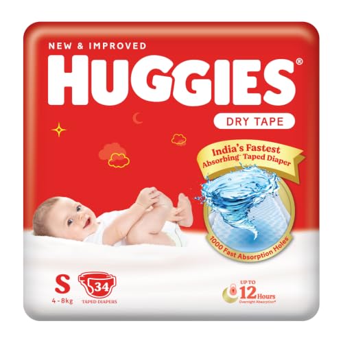 Image of Huggies Dry Tape | Adjustable Tape Style Baby Diapers, Small (S) Size (4-8 Kgs), Pack of 34 | Up To 2X Faster Absorption, Up To 12 Hours Overnight Absorption