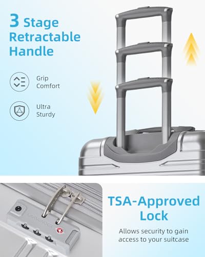 Image of LARVENDER Carry on Luggage 22x14x9 Airline Approved, 20 Inch Hardside Suitcase with Wheels TSA Lock, PC+ABS Lightweight Travel Luggage Sets for Women, Glossy Silver, 3 Piece Set