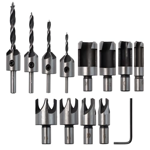Pilikoll 8 Pièces Fraise à Bouchonner Bois & 8 Pièces Fraise Bois Conique en HSS Acier Acier Carbone Plug Perceuse fraise Metal Kit pour Le Travail duBois...